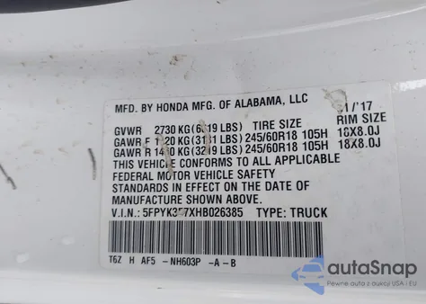 2017 Honda Ridgeline Rtl-E z USA, uszkodzony, nr VIN 5FPYK3F7XHB026385